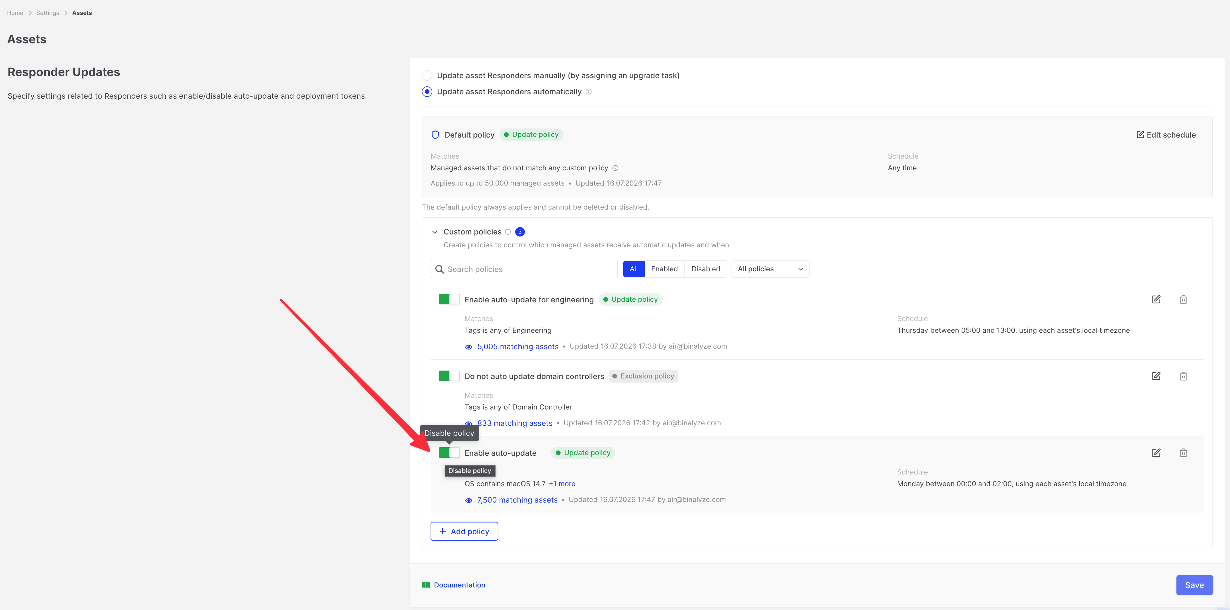 Responder Updates: Enable or disable a custom policy